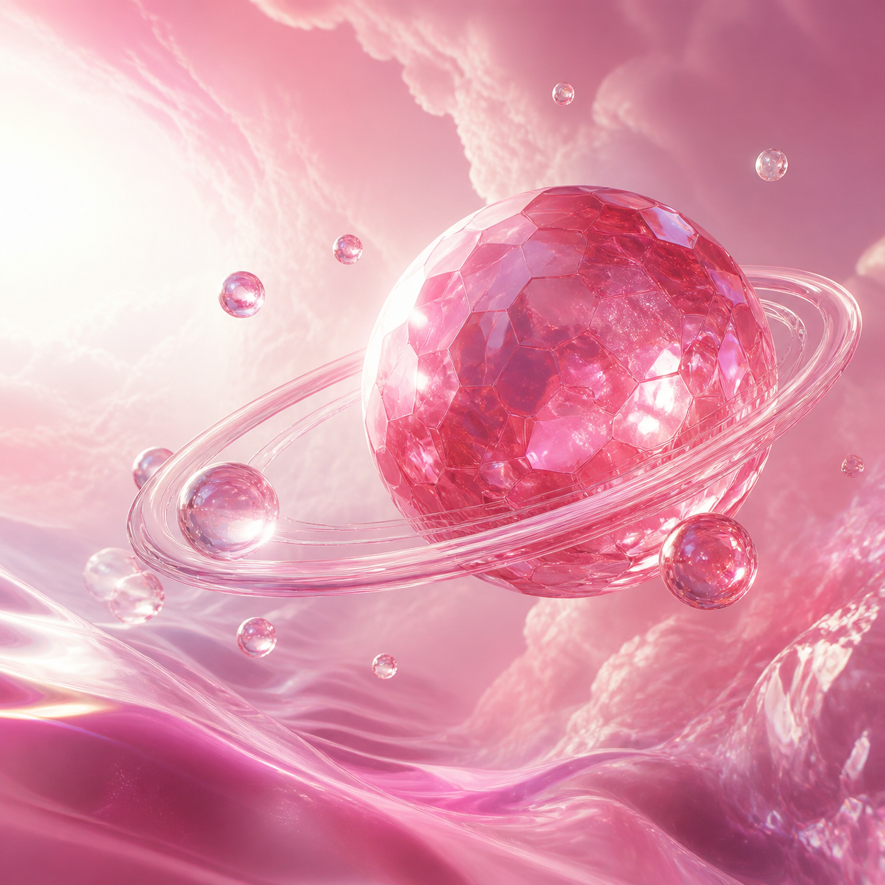 Floating faceted pink crystal planet with glass orbital rings